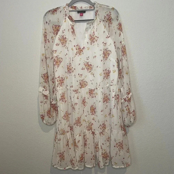 Vince Camuto Womens V-Neck Tiered Ruffle Dress Floral Balloon Sleeve Boho Large - Picture 7 of 9